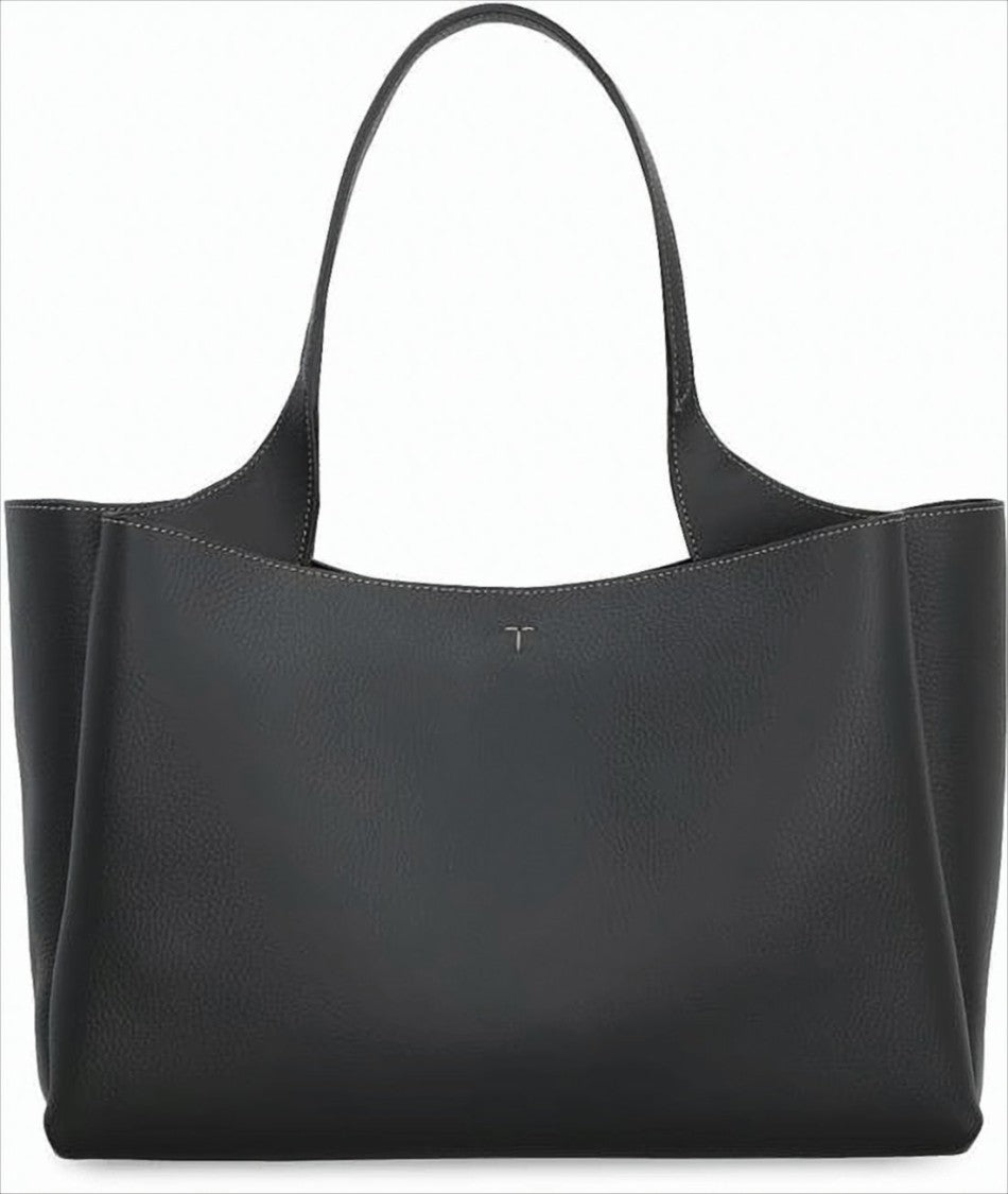 Black Leather Shoulder Bag with Metallic Accent
