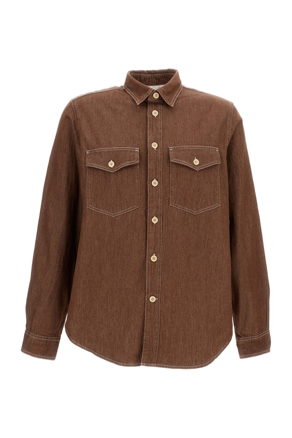 Textured Brown Cotton Shirt With Pointed Collar And Structured Pockets