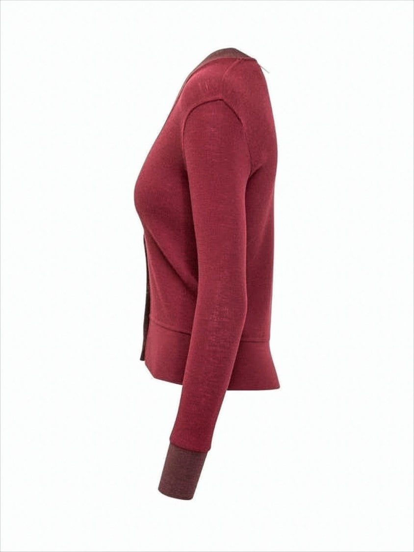 Cropped Burgundy Cardigan with Deep V-Neckline and Ribbed Details