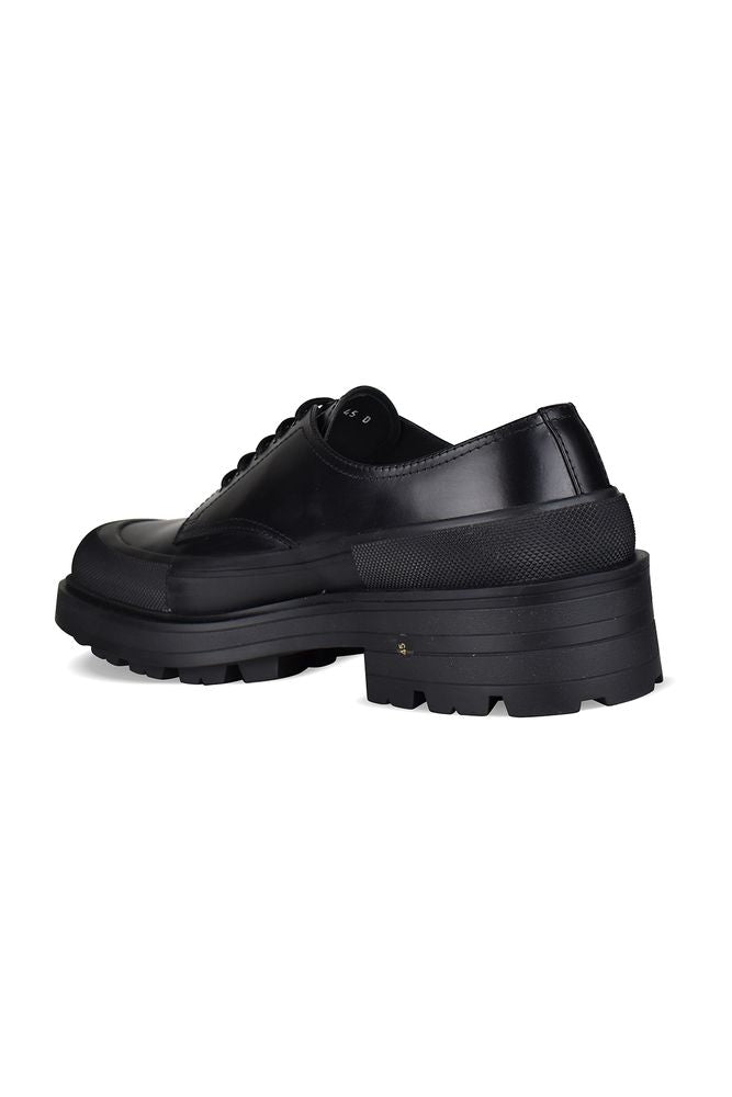 Topstitched Black Leather Derbies With Contrasting Sole