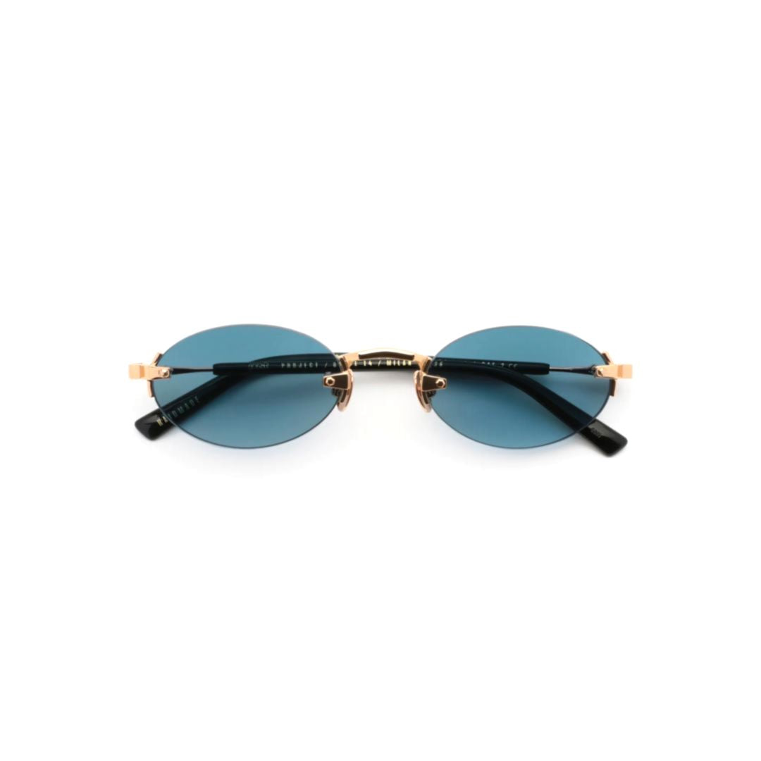 Quantum Minimalist Oval Blue Lenses with Gold Metal Frame Sunglasses