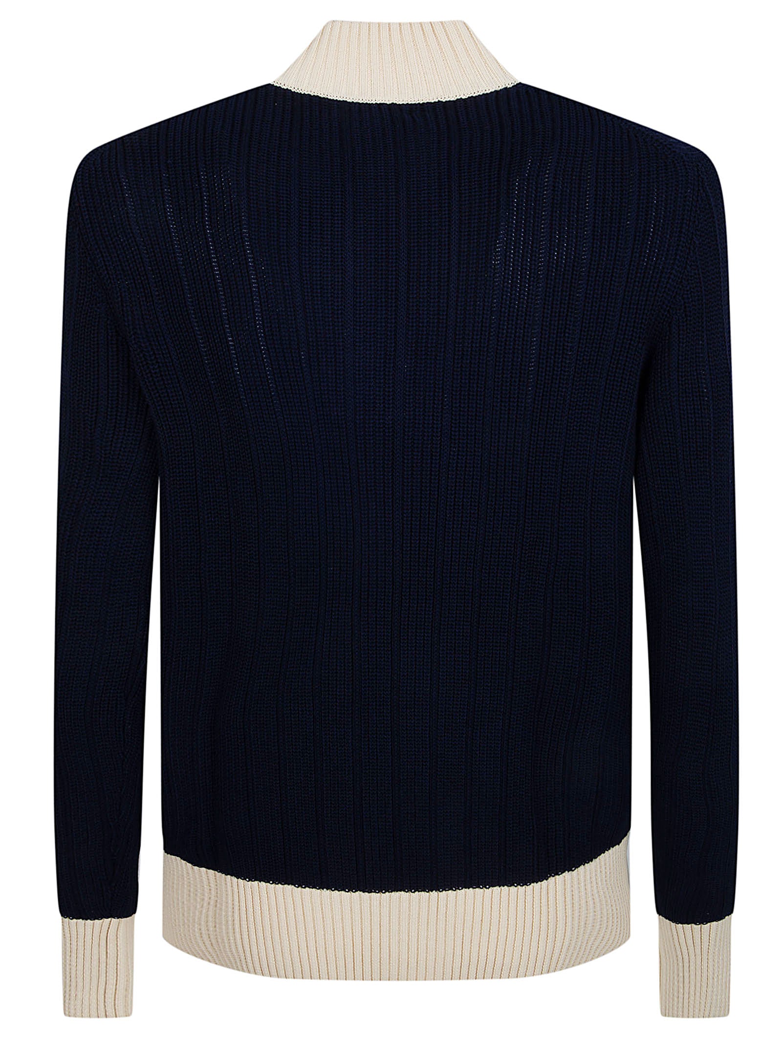 Ribbed Knit Sweater with Contrasting Details and Button Placket