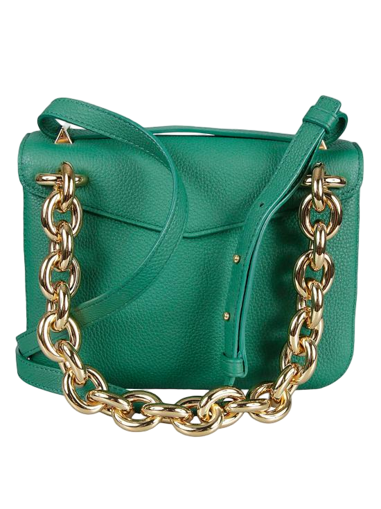 Structured Green Leather Crossbody Bag with Bold Chain Detail