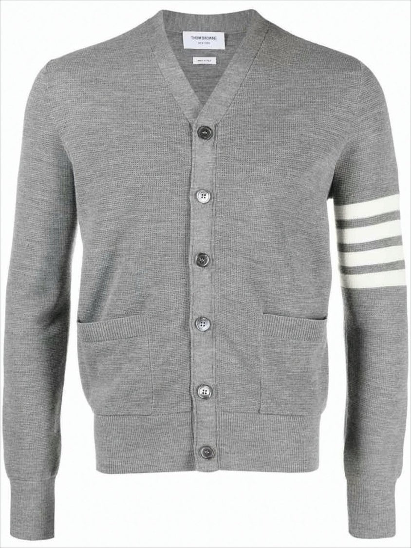 V-Neck Hand-Knitted Grey Wool Cardigan with Signature Stripes