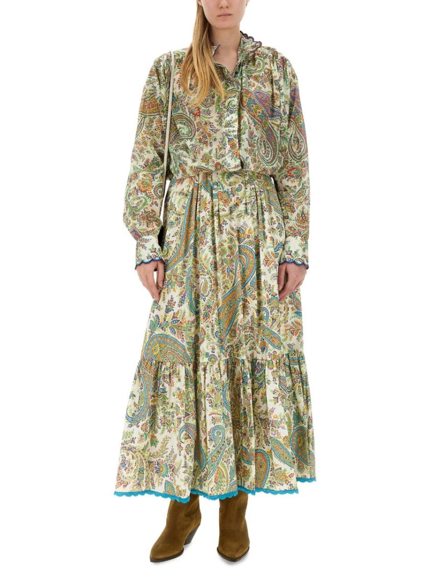 Tiered Paisley Print Long Skirt With Ruffled Hems