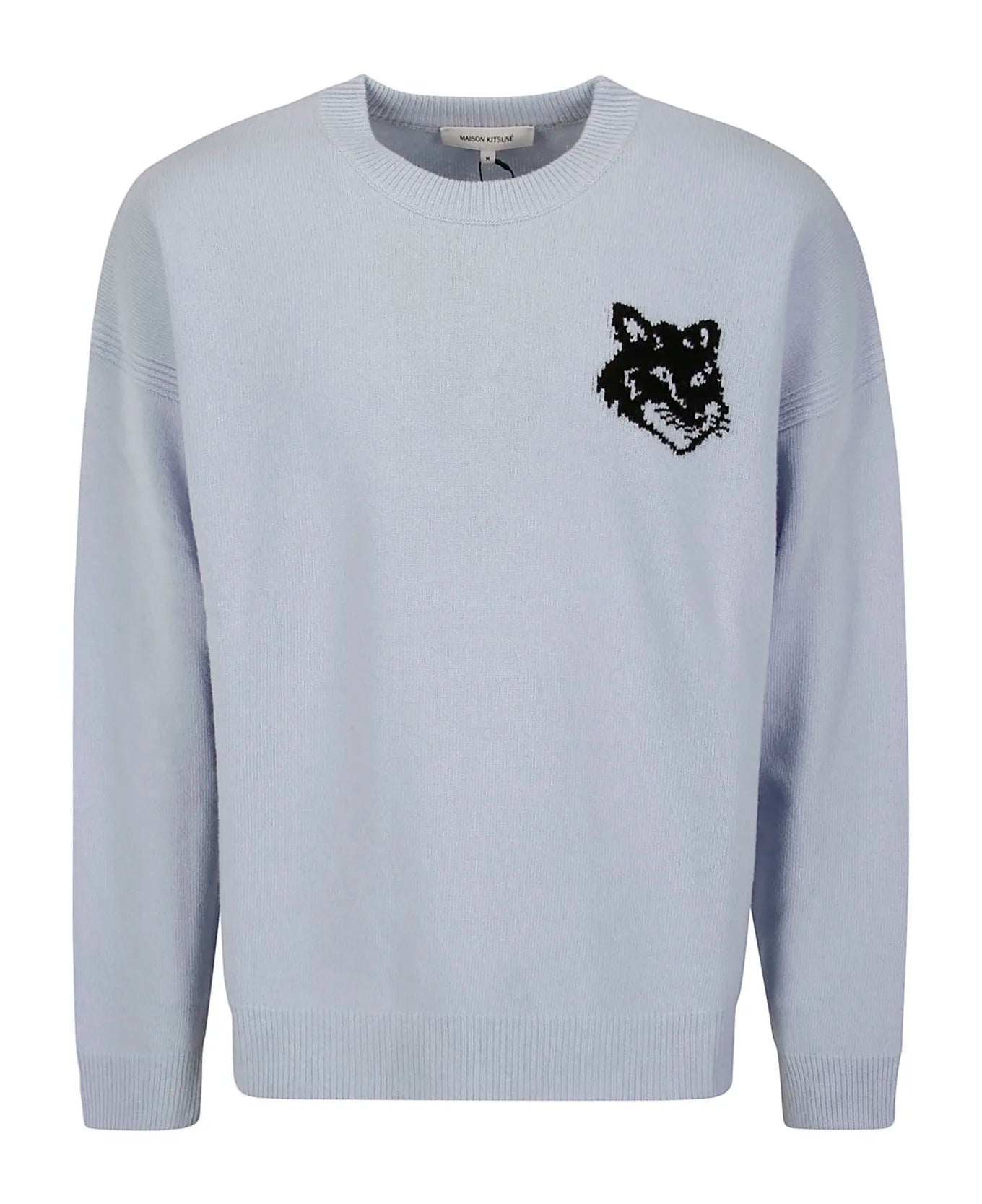 Light Blue Wool Sweater With Classic Crew Neckline And Intricate Embroidery