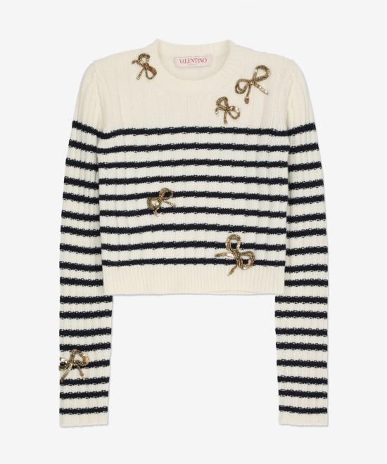 Cropped Knit Sweater with Horizontal Stripes and Metallic Embellishments