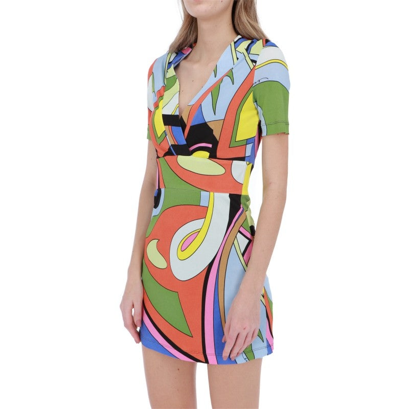 Multicolor Geometric Print Short V -Neck Dress