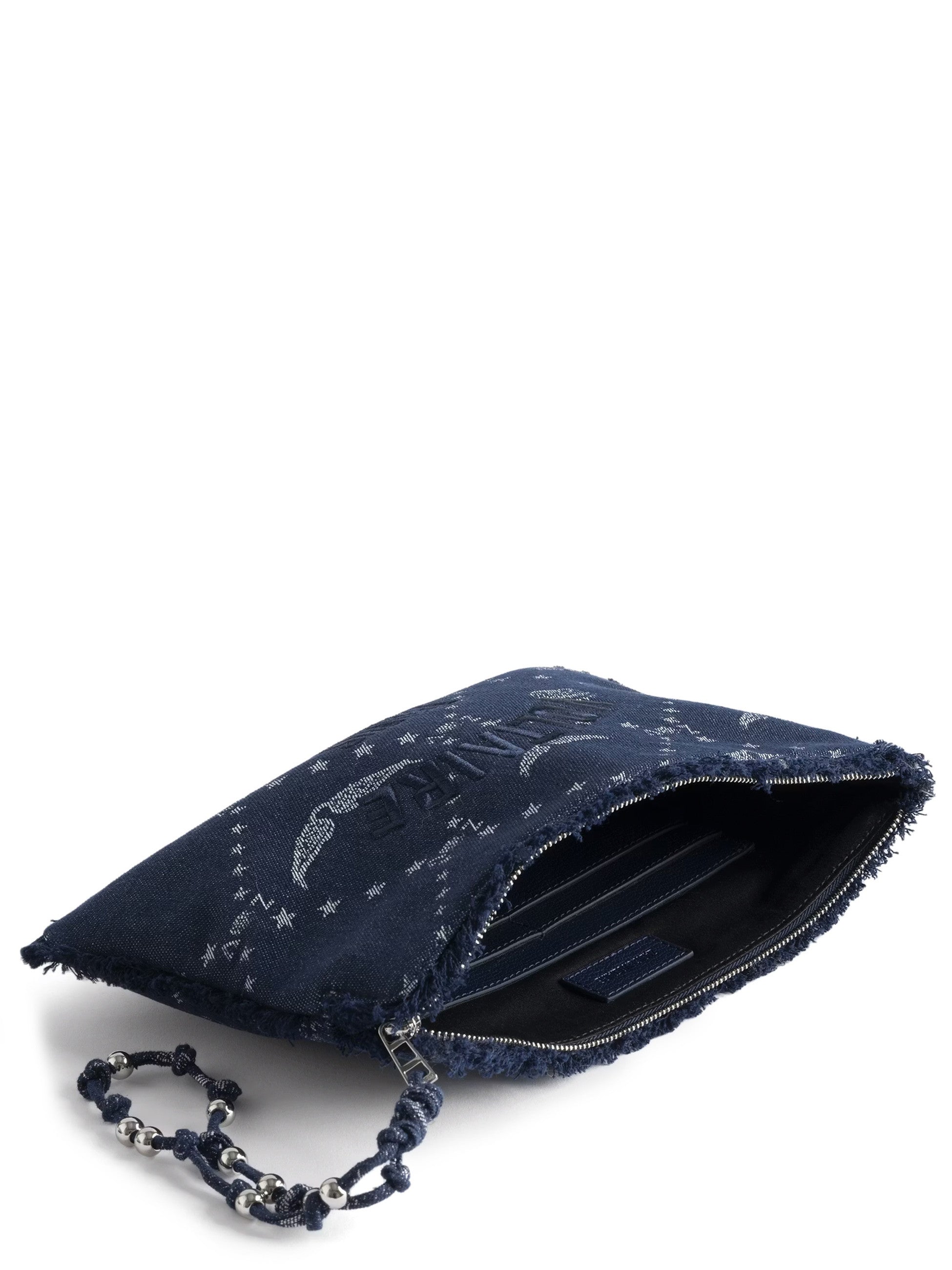 Rectangular Dark Denim Clutch with Embroidered Logo