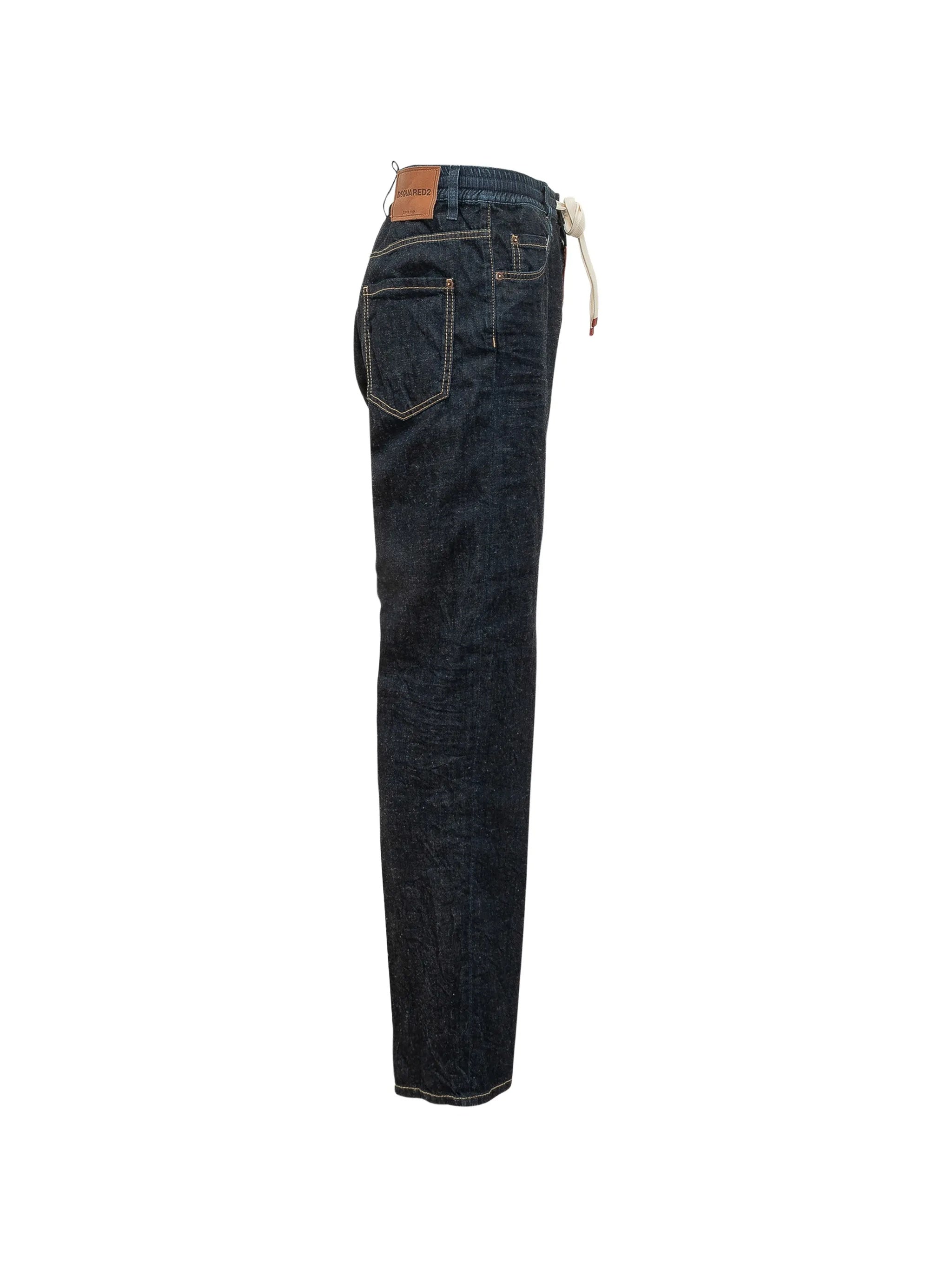 Straight-Leg Dark Denim Drawstring Rope Pants