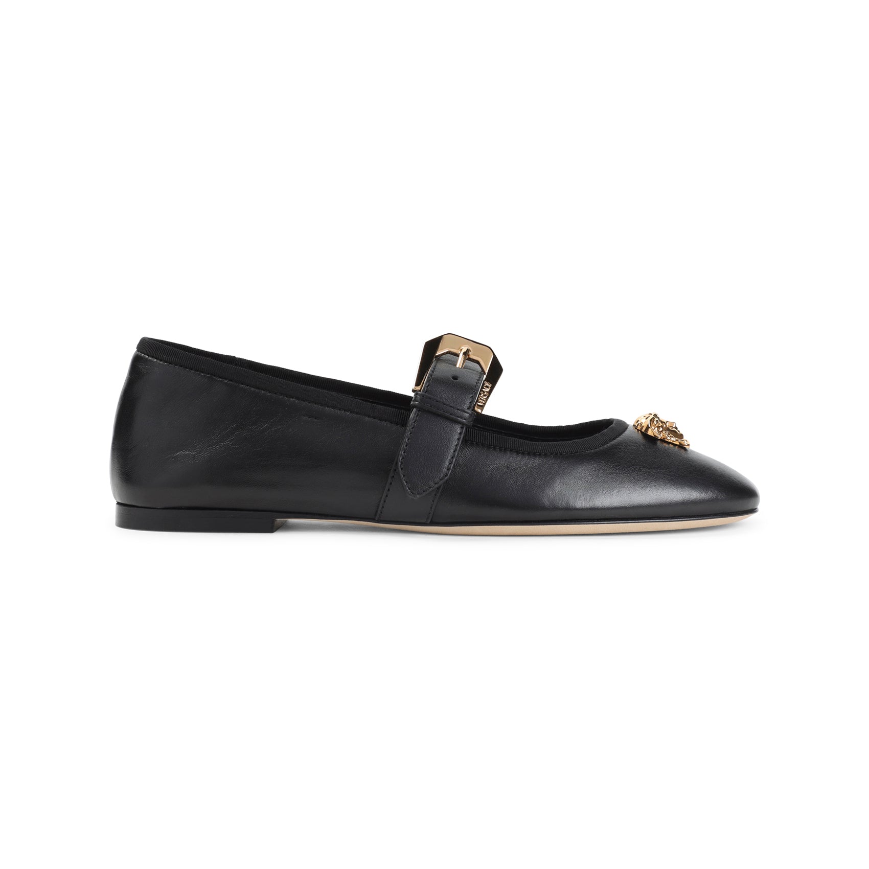 Pointed Toe Black Leather Flats with Gold Medusa Accents