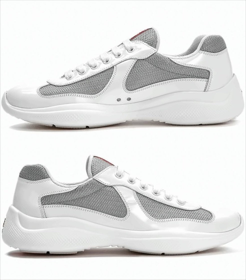 White Leather and Grey Mesh Sneakers