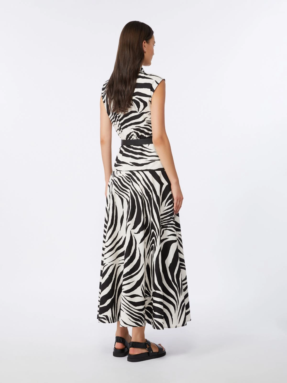 Zebra Print Midi Dress with High Collar