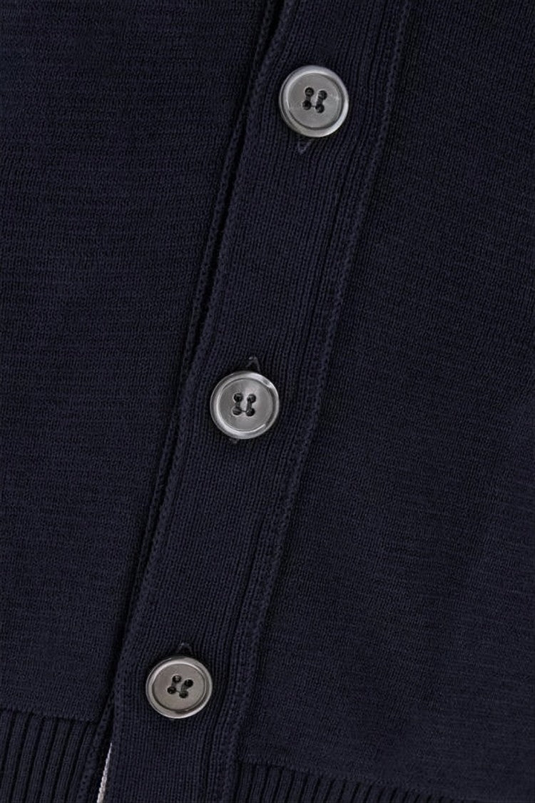Cropped Blue Cardigan with Deep V-Neck and Tricolor Accent