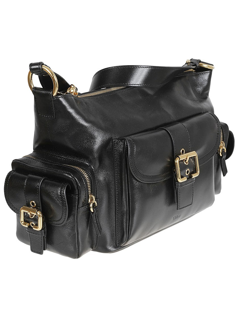 Structured Black Leather Bag With Gold-Tone Hardware