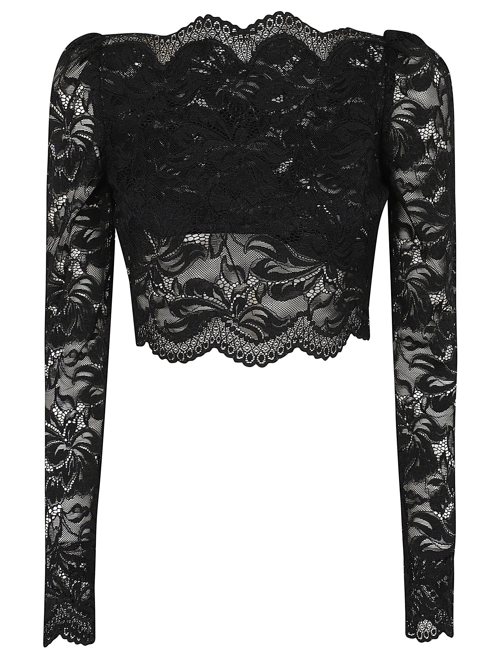 Black Floral Lace Long-Sleeved Top with Scalloped Hemline