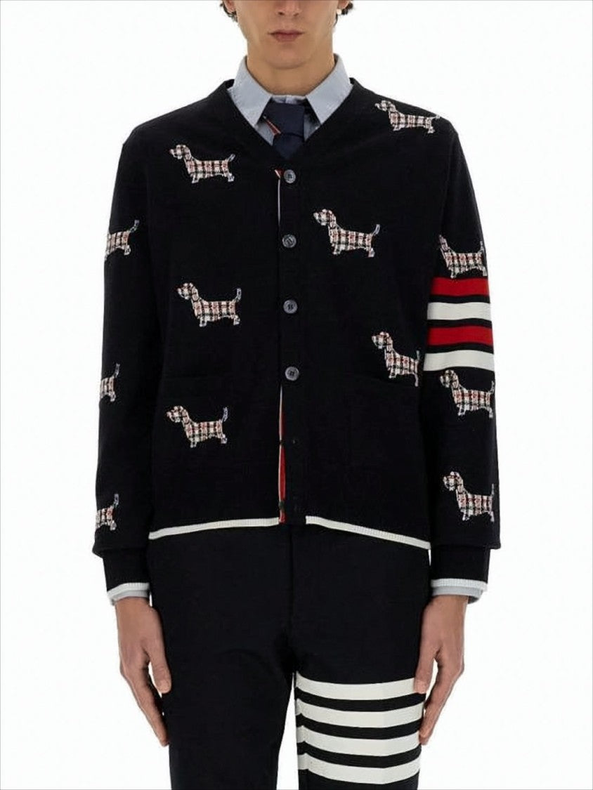 Black Wool Blend Cardigan with Playful Dog Motif