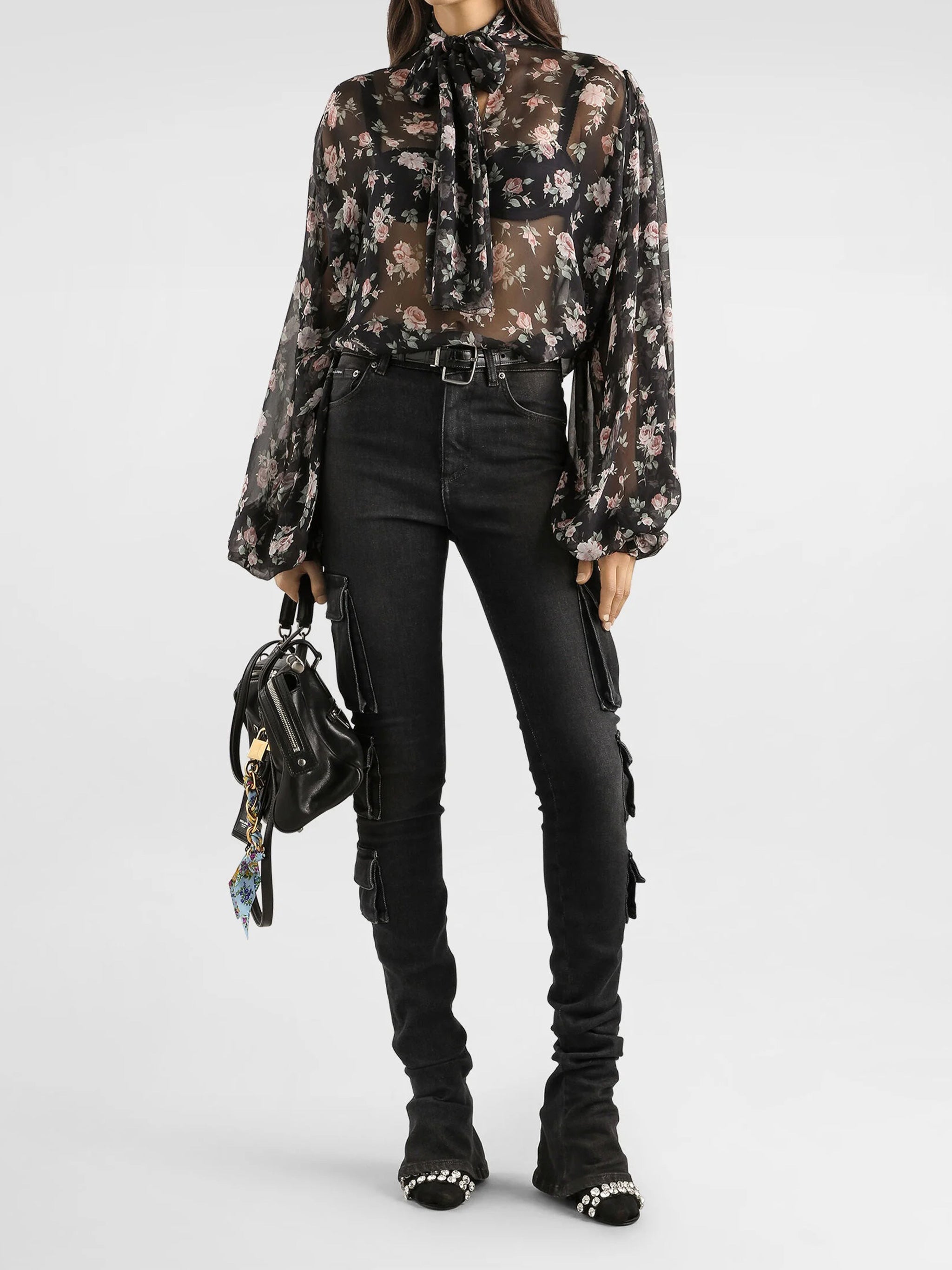 Black Sheer Floral Print Silk Blouse