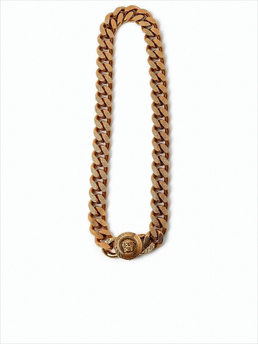 Textured Gold-Tone Metal Chain Necklace with Medusa Clasp