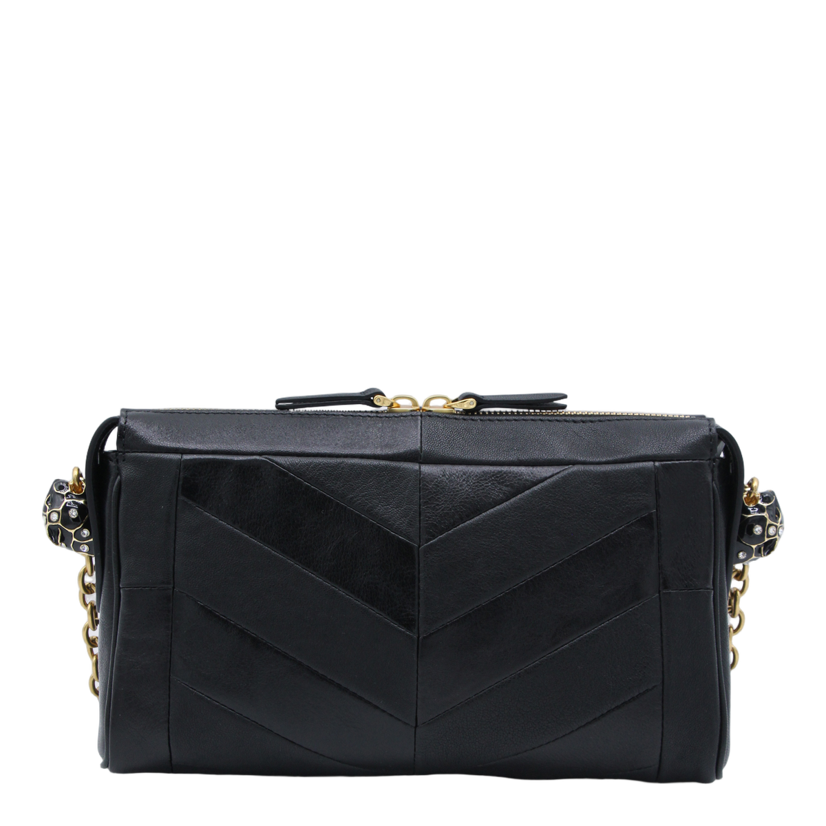 Chevron-Pattern Black Leather Bag with Gold Accents