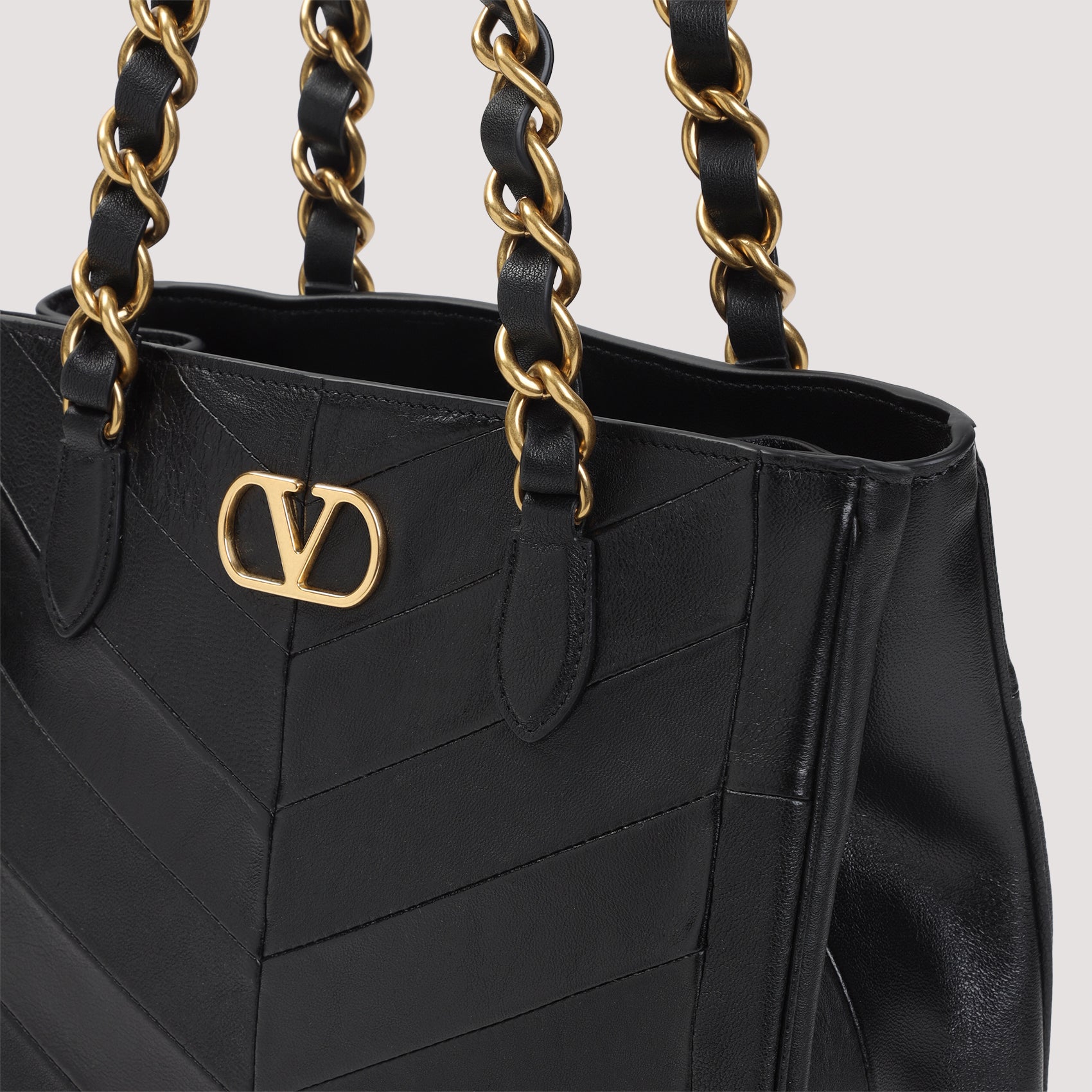 Chevron-Patterned Lambskin Shopper Bag With Dual Chain Handles