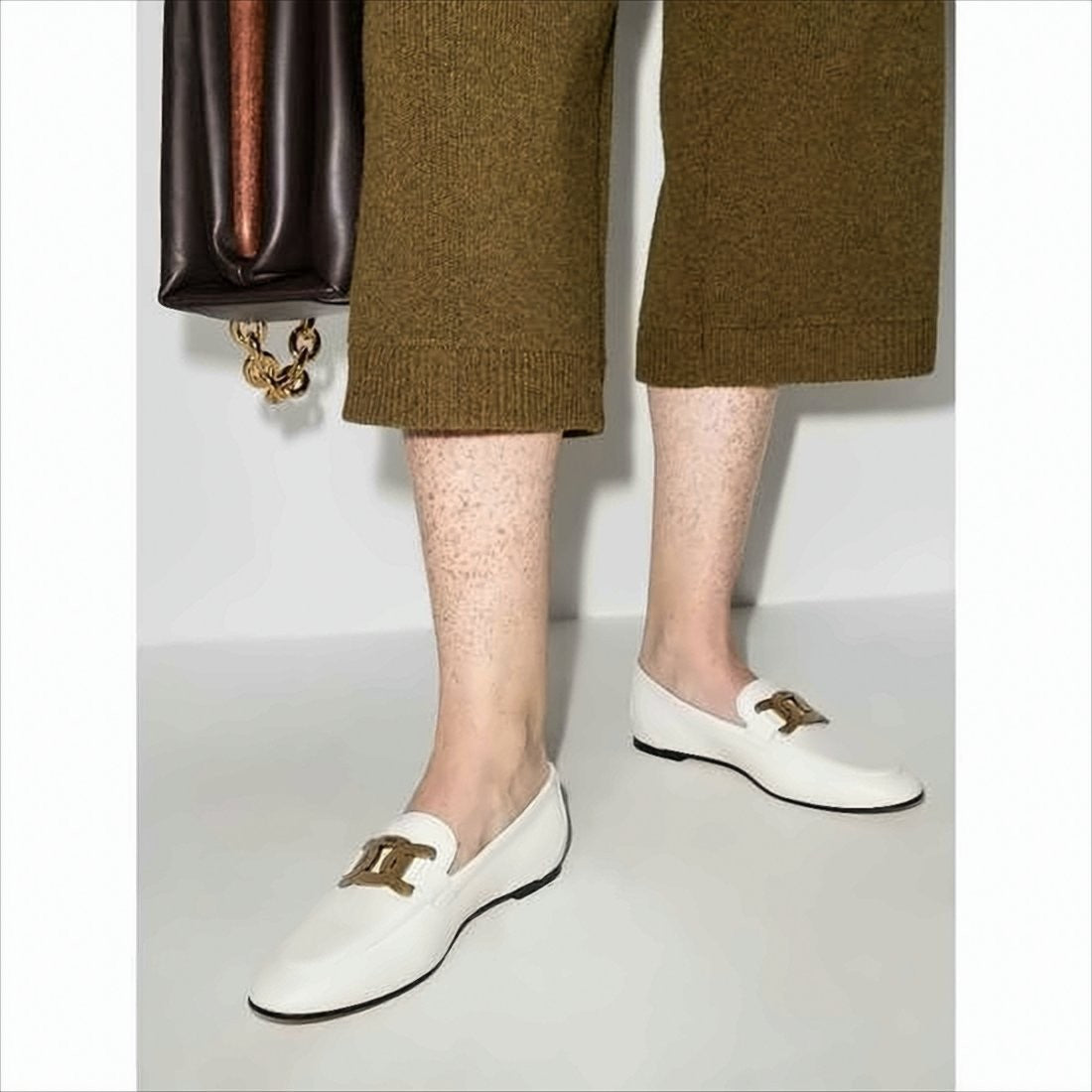 Sleek White Leather Loafers with Gold-tone Chain Detail