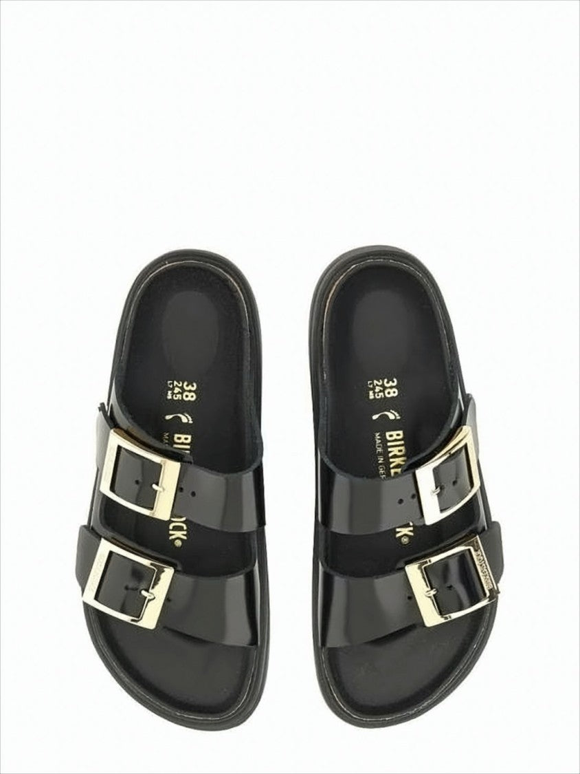 Open-Toe Black Leather Sandals with Metallic Buckles