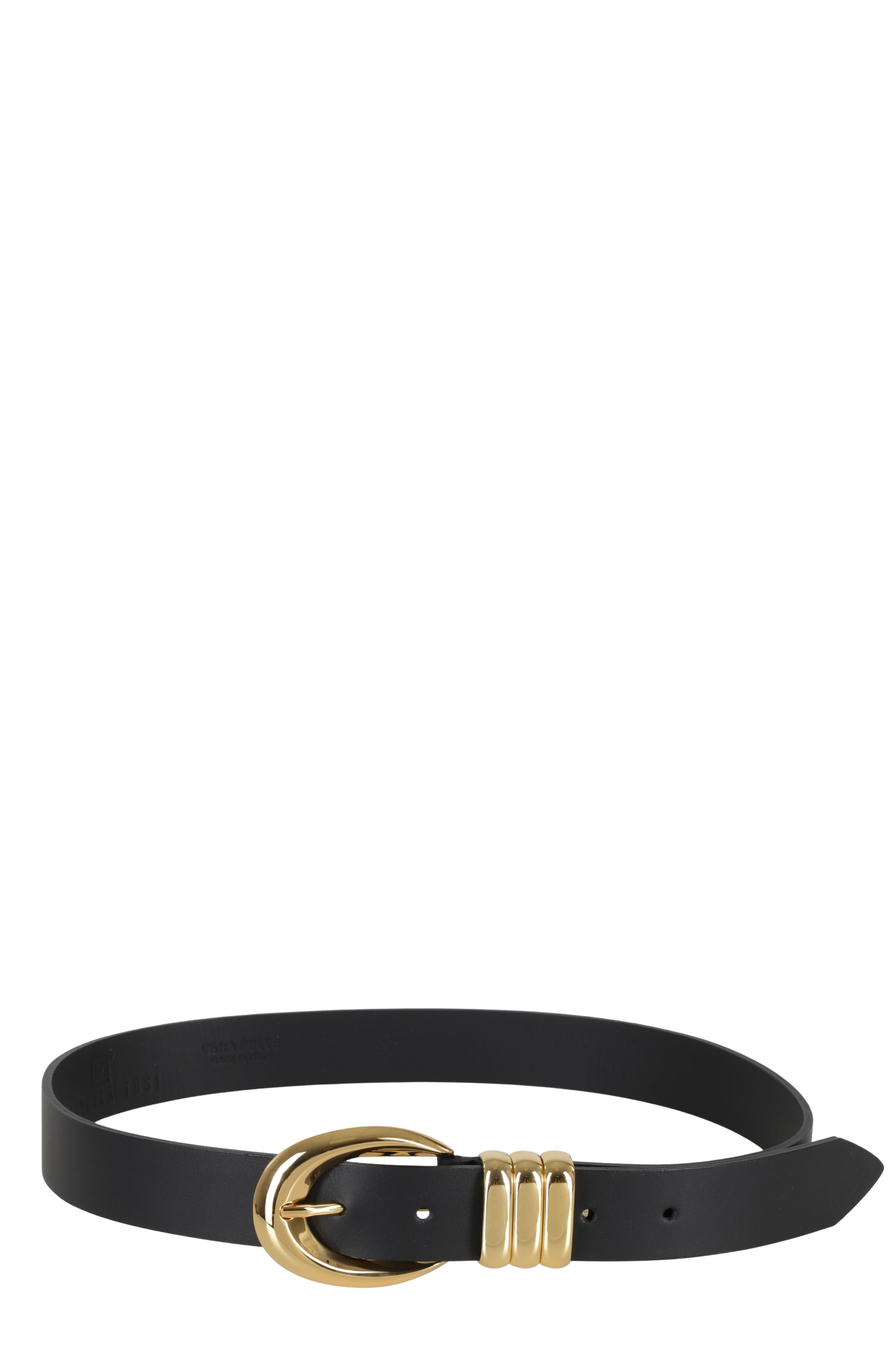 Slim Black Leather Belt with Polished Gold Accents