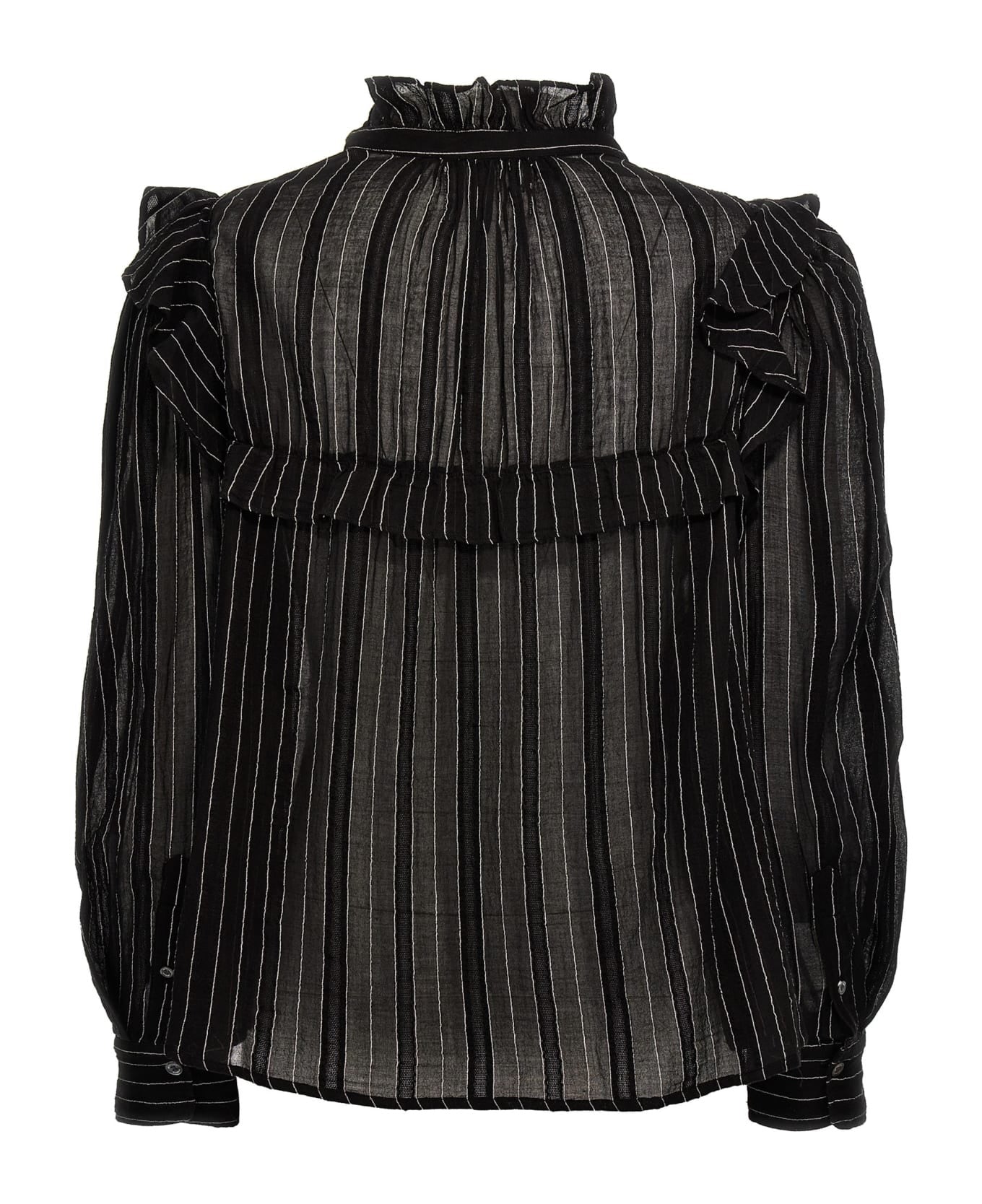 Vertical Pinstripe Long-Sleeve Shirt with High Ruffled Collar