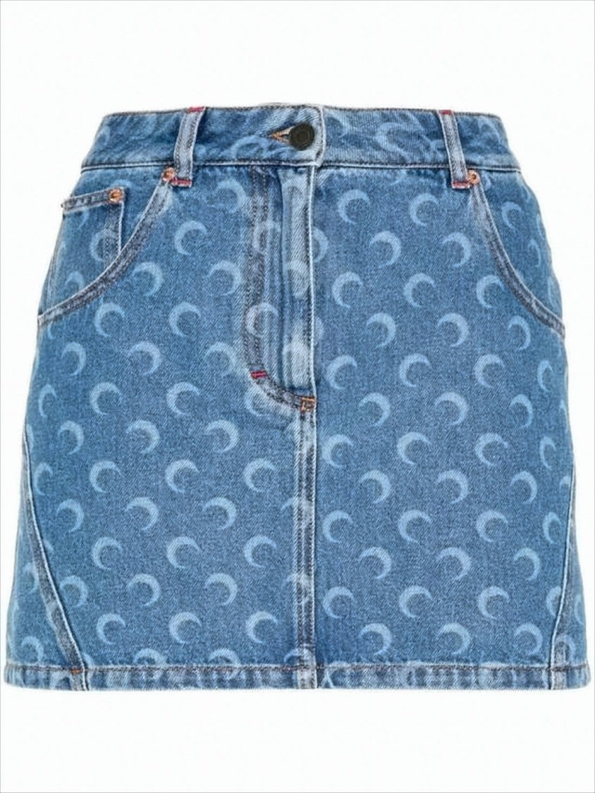 Mini Denim Skirt with Crescent Moon Pattern