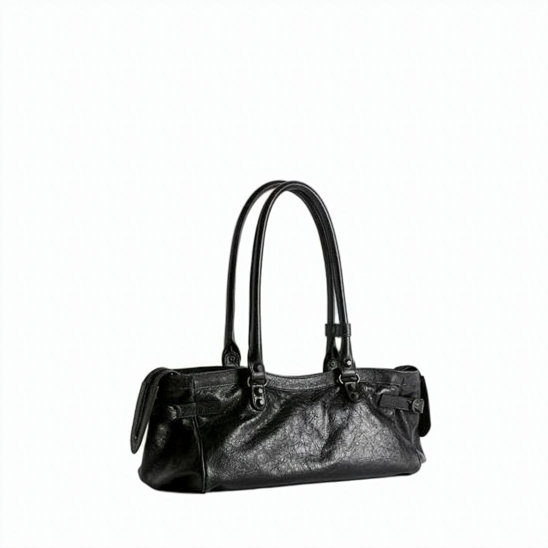 Black Textured Lambskin Studded Shoulder Bag