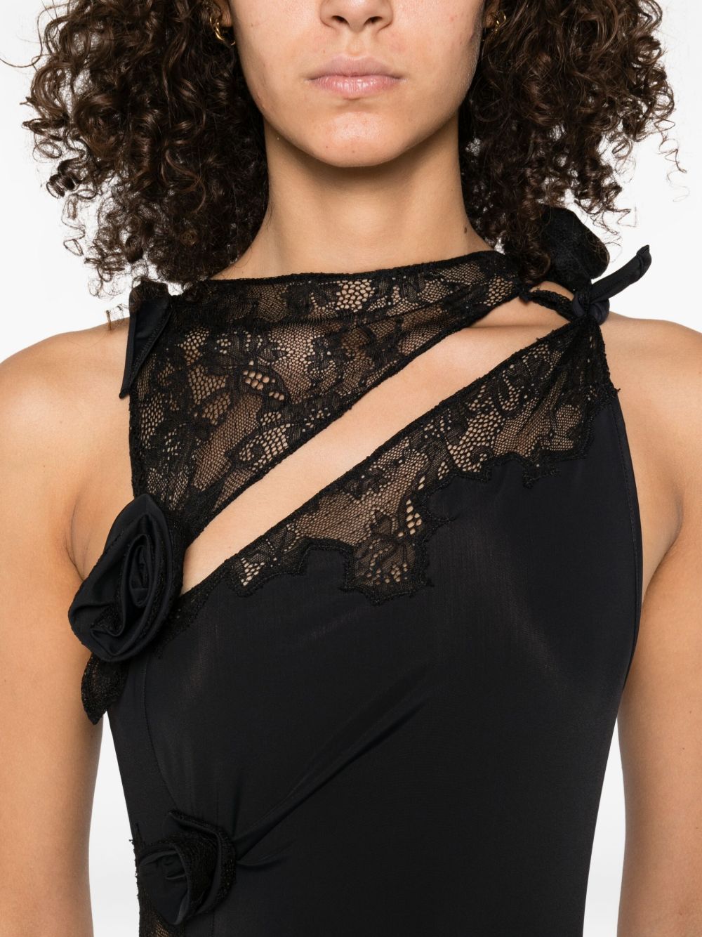Asymmetric Black Midi Dress With Lace Inserts