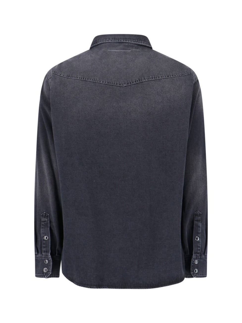 Black Denim Shirt With Visible Stitching And Curved Hem