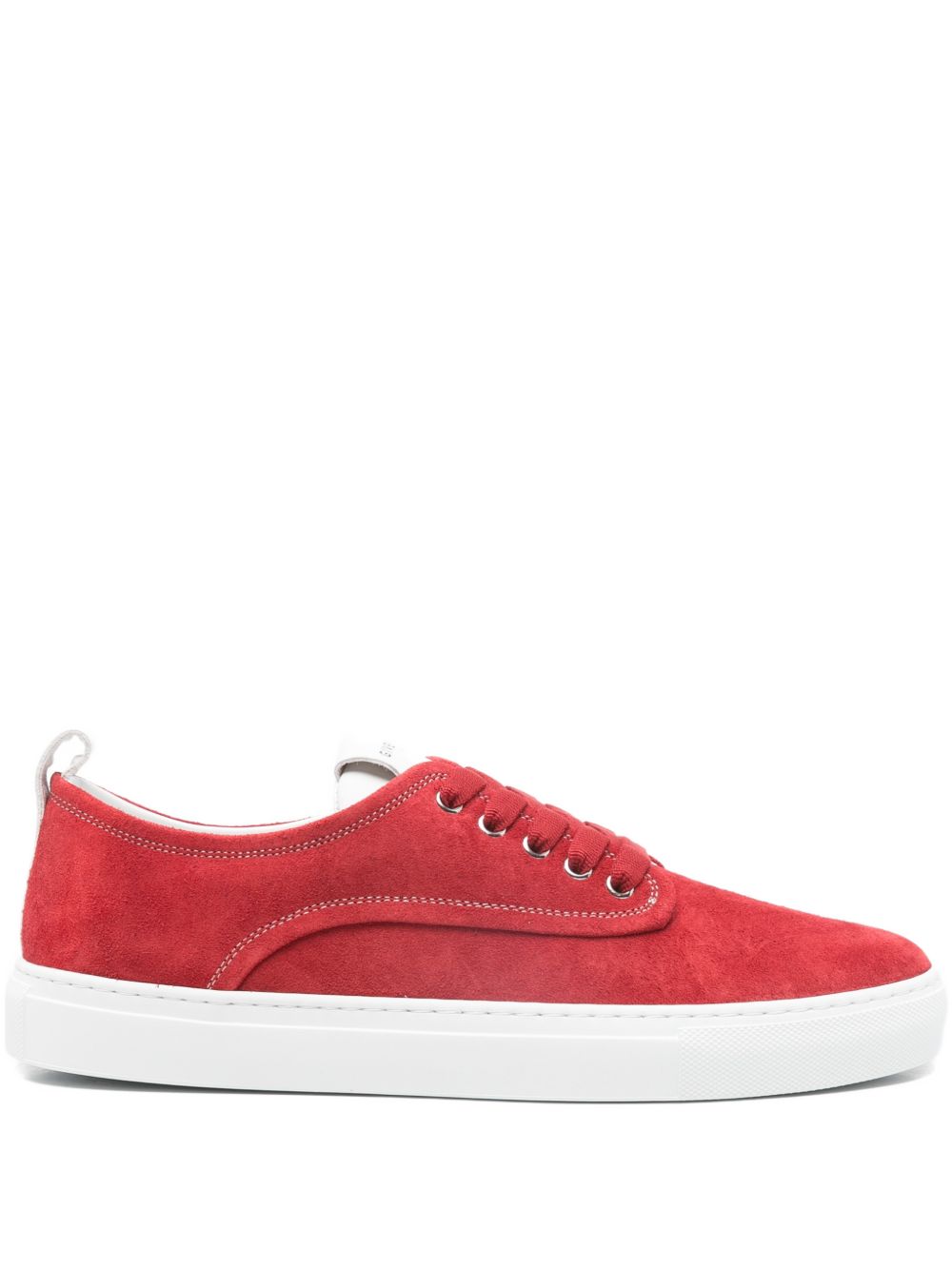 Red Suede Low-Top Sneakers With Topstitching