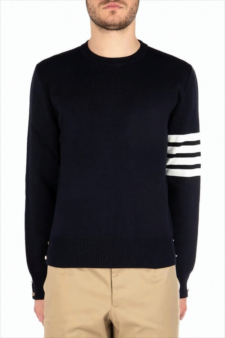 Classic Crew Neck Cotton Sweater with Striped Detailing