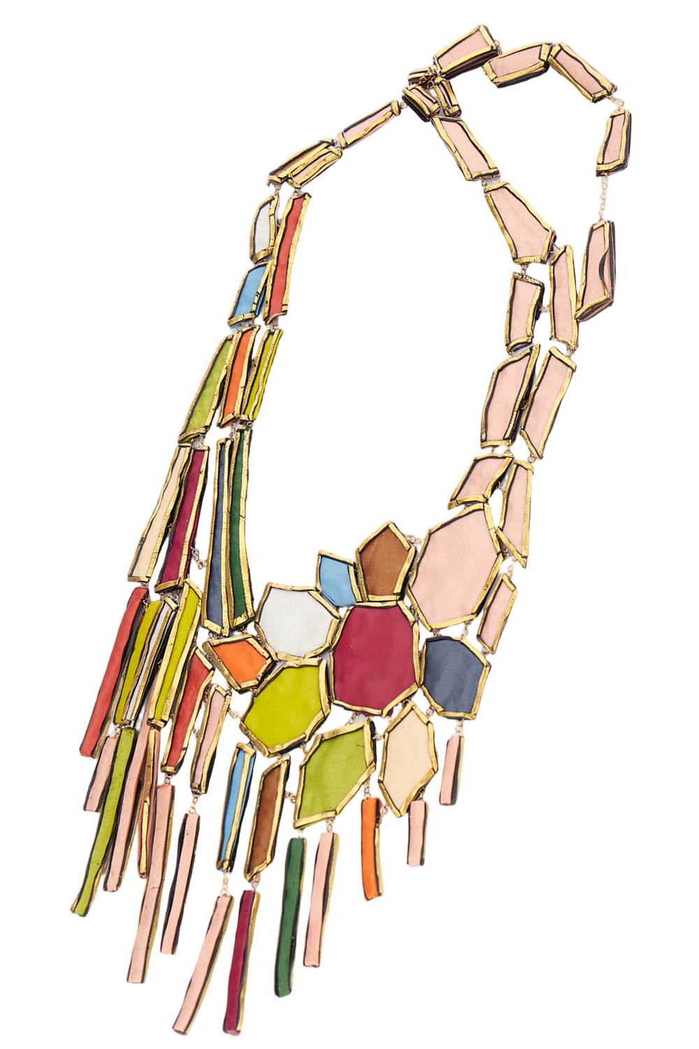 Multicolored Geometric Pendant Necklace With Gold-Tone Outlines
