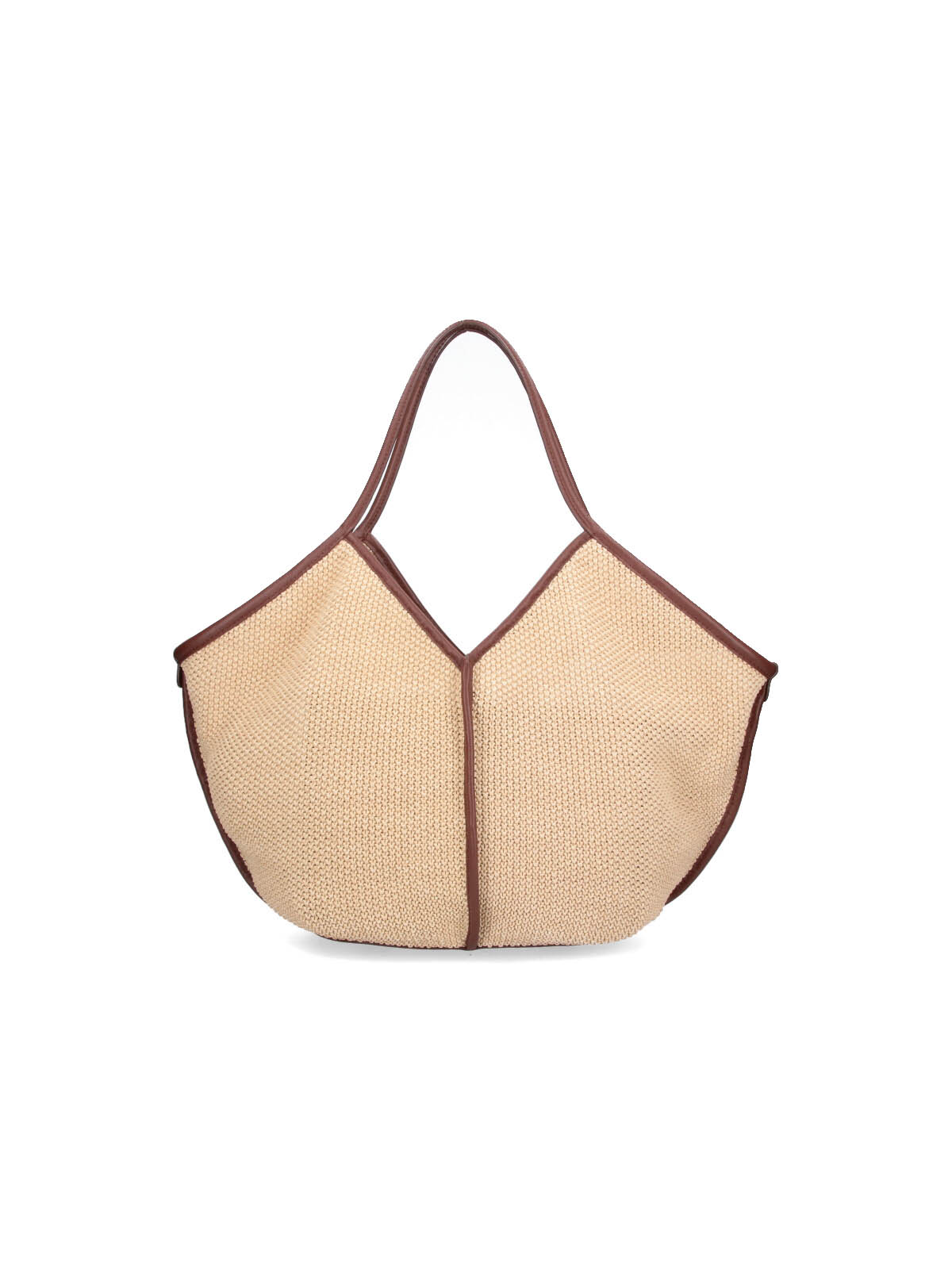 Beige Woven V-Neck Texture Tote Bag