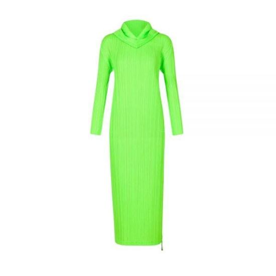Long Slim-Fitting Pleated Dress with High Neckline