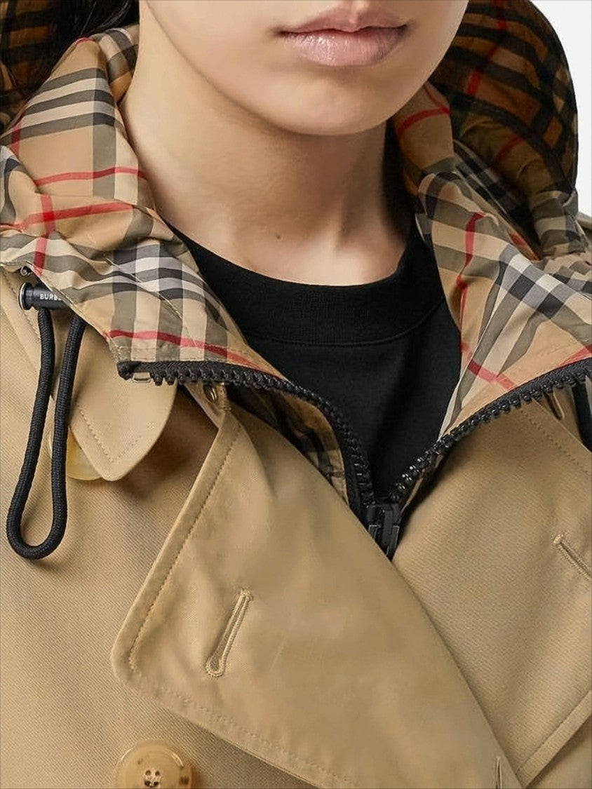 Double-Breasted Trench Coat with Distinctive Check Hood