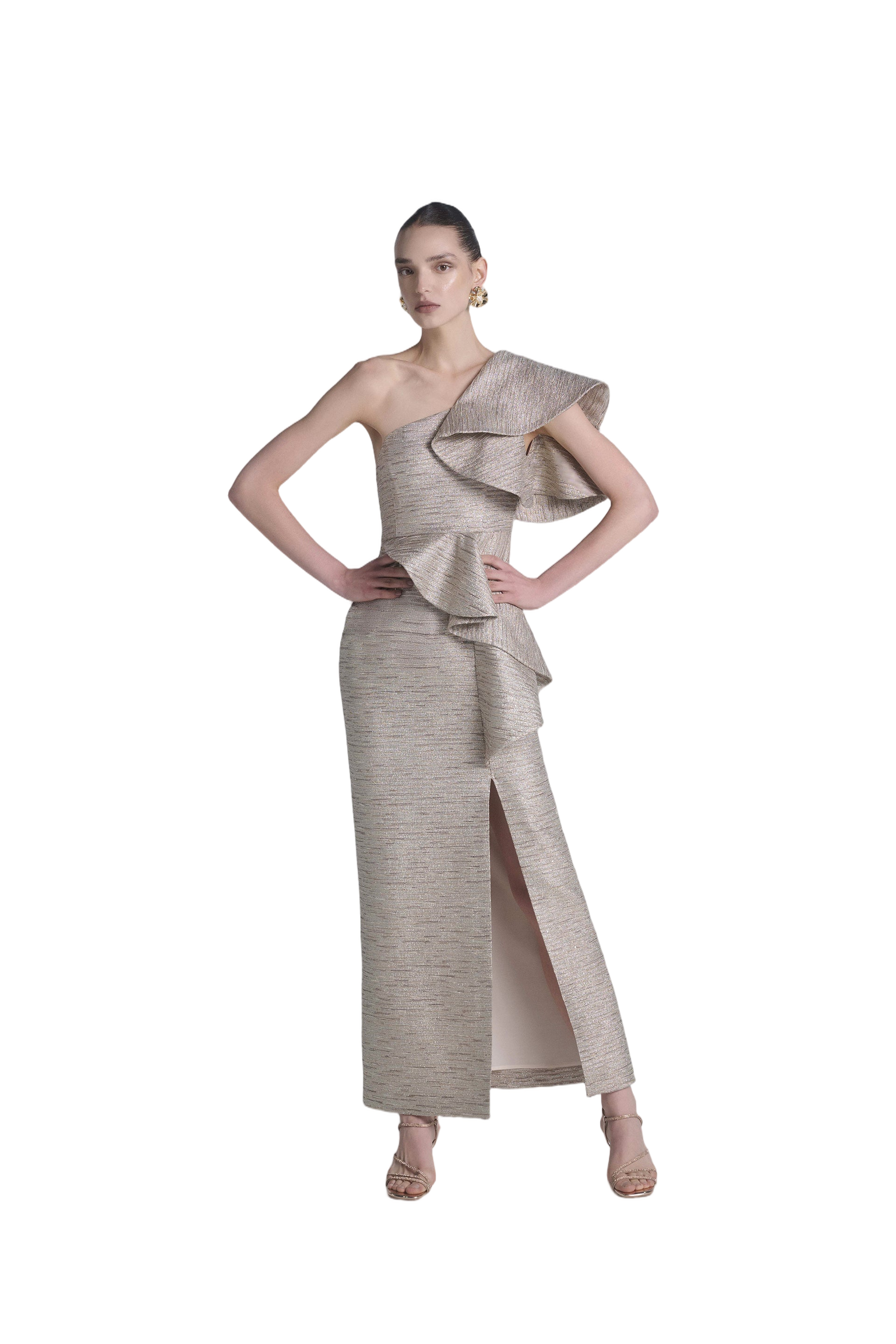 Ruffled Light Gold Brocade Dress