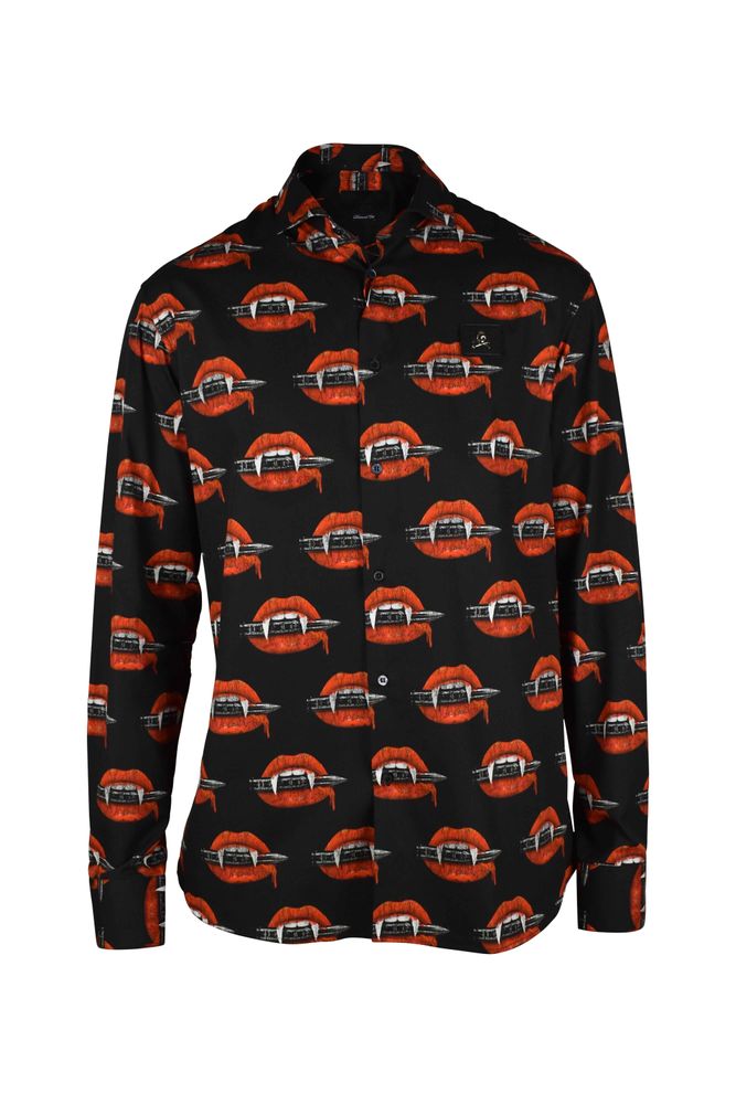Black Cotton Shirt With Vampire Tooth Print