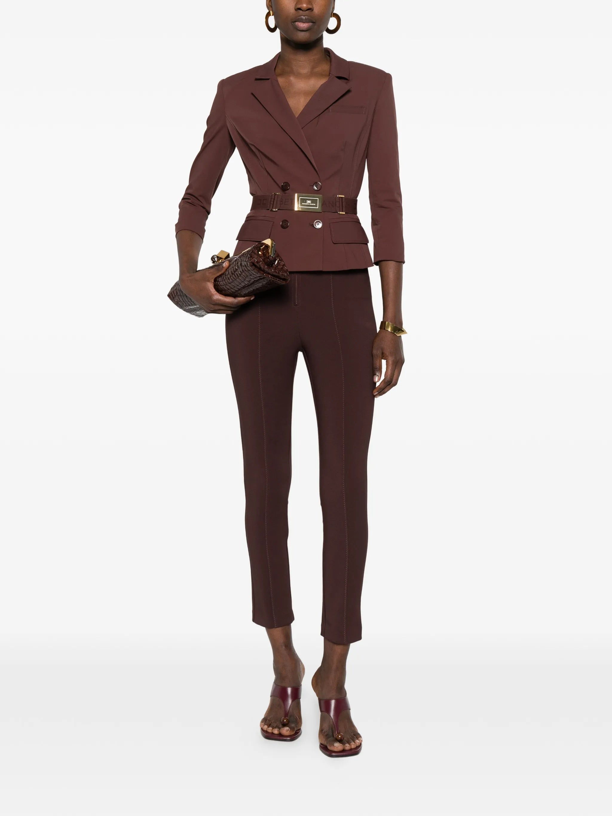 Double-Breasted Tailored Brown Belted Jacket