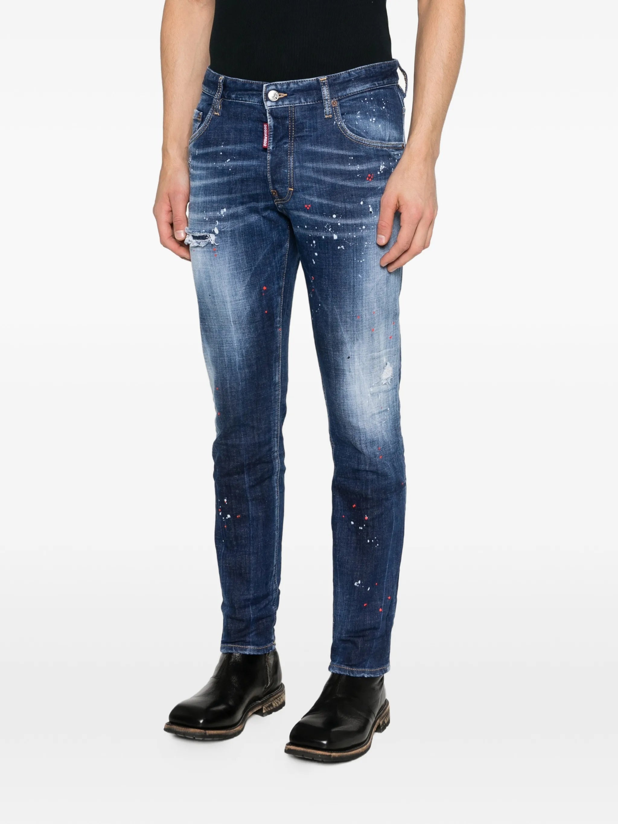 Slim Fit Distressed Paint Splatter Jeans