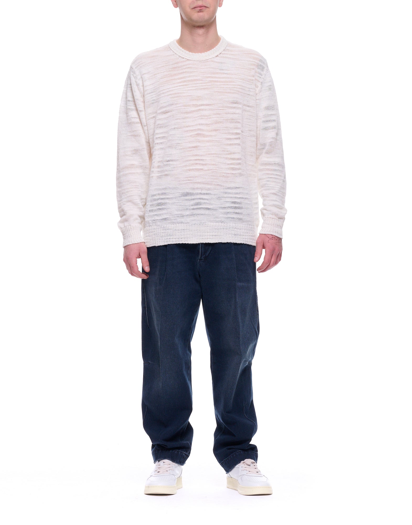 White Slub Crew-Neck Linen Blend Sweater