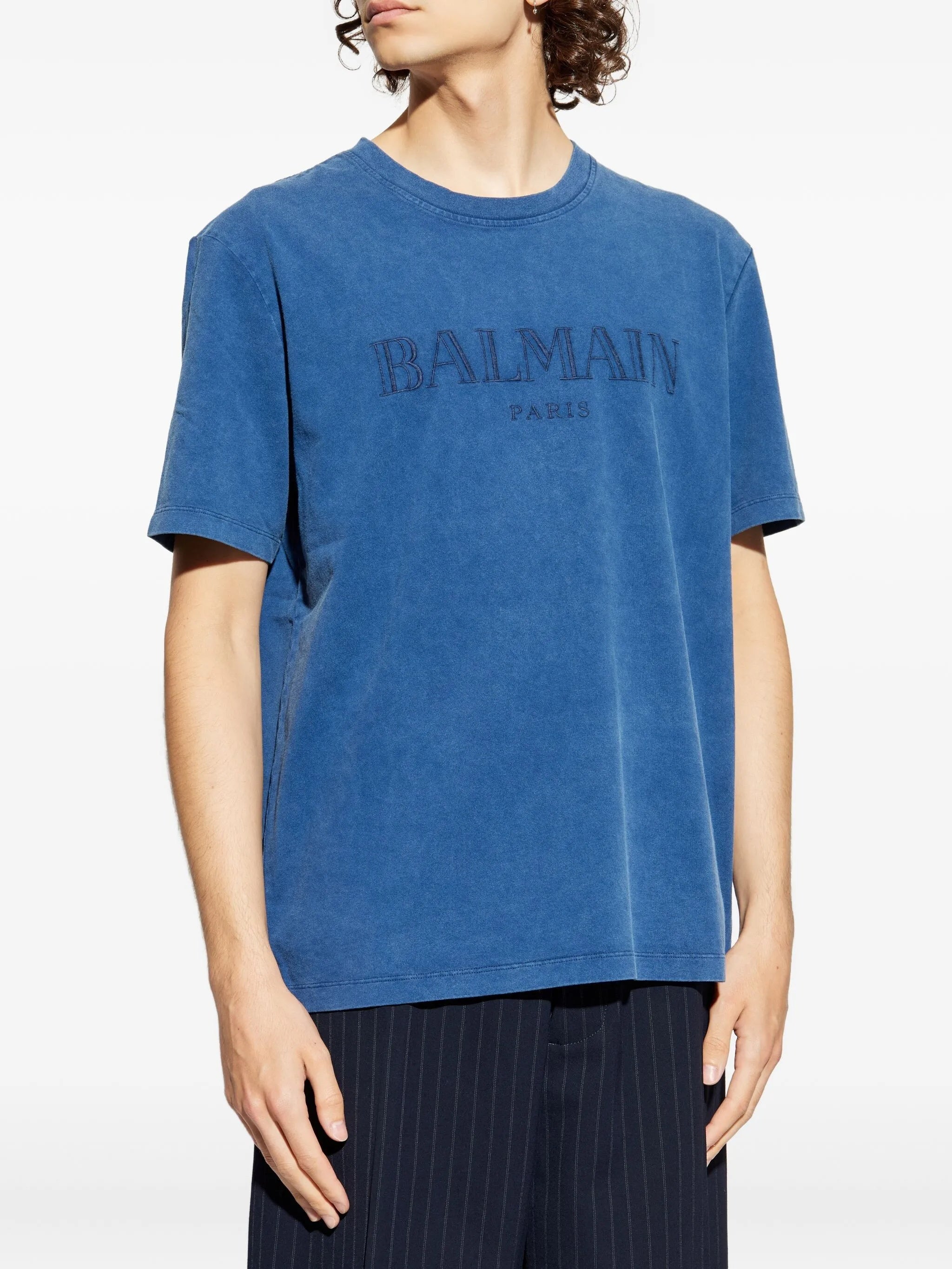 Washed Blue Loose Ss Embroidered T-Shirt