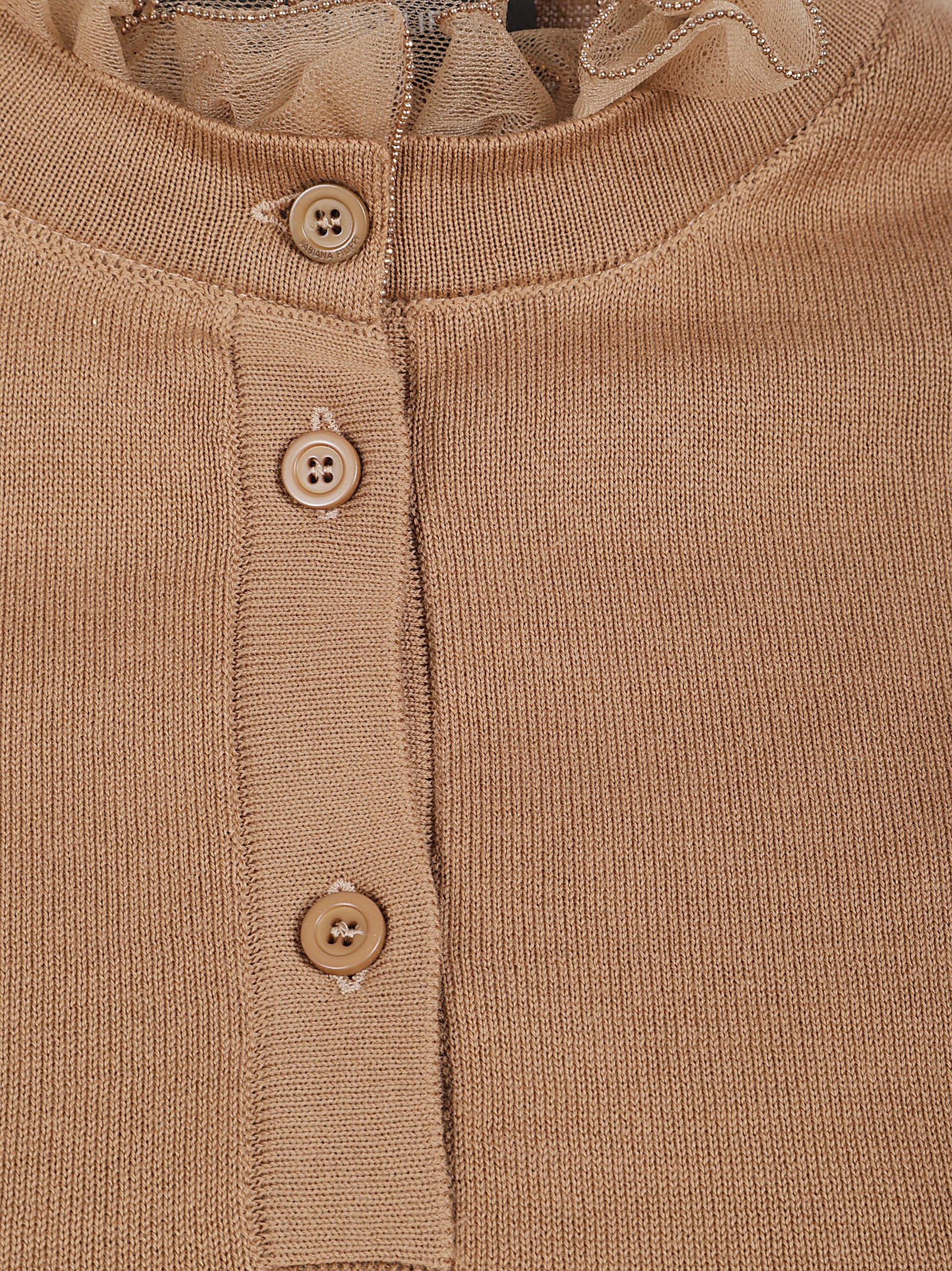 Short-Sleeved Top with Ruffled Neckline and Button Placket