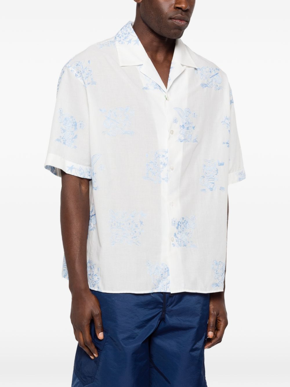 Short-Sleeve Camp Collar Shirt In White Silk-Nylon Blend