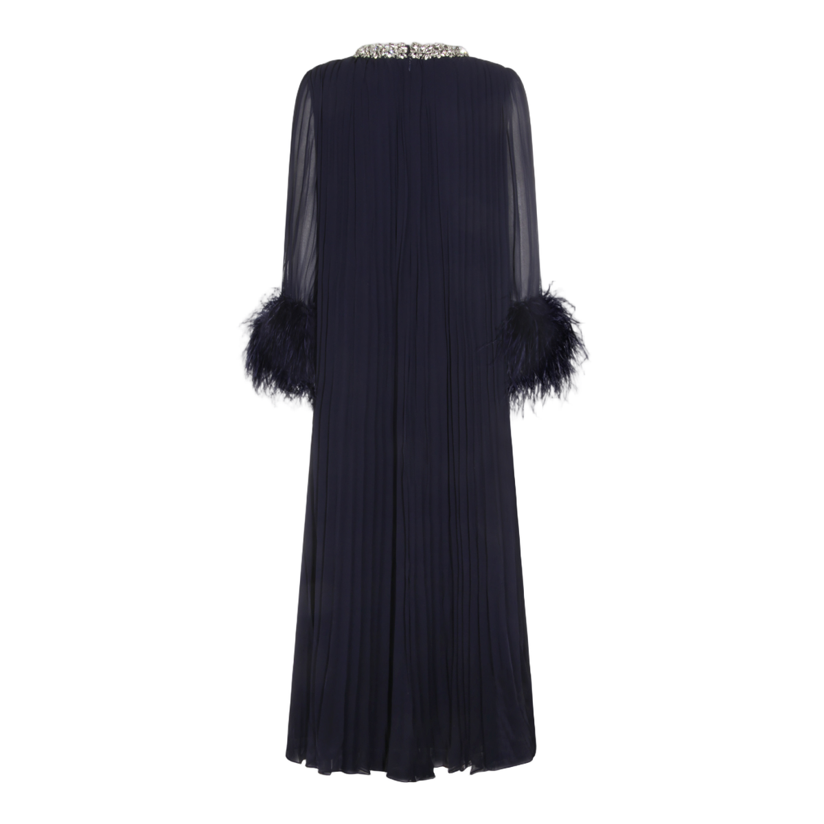 Flowing Pleated Midi Dress with Feather Cuffs