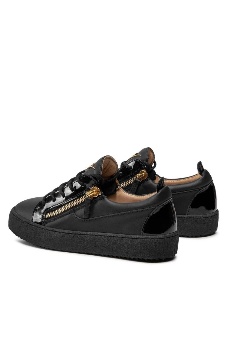 Black Leather Sneakers With Patent Accents