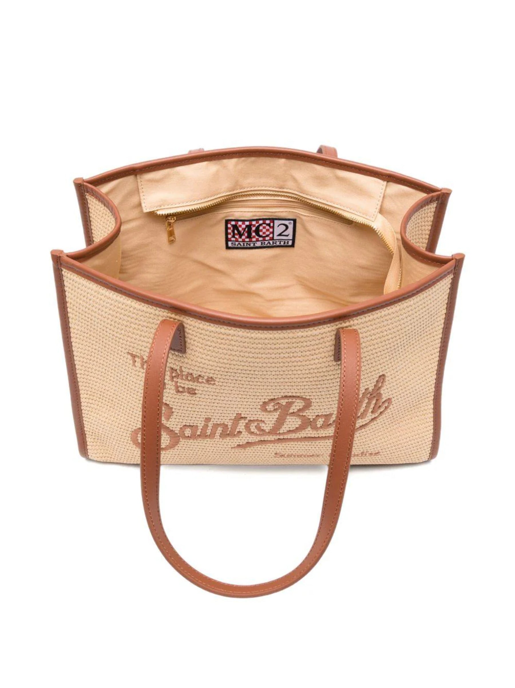 Rectangular Woven Tote Bag with Embroidered Text